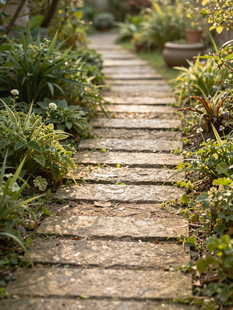 A sunlit stone path winding through a quiet garden, suggesting a steady way forward
